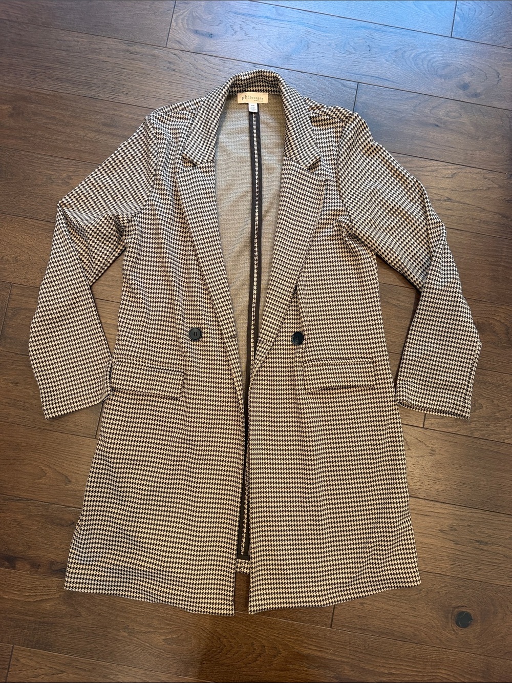 Philosophy Coffee/Tan Long Coat, Houndstooth, Size Medium - C11-661